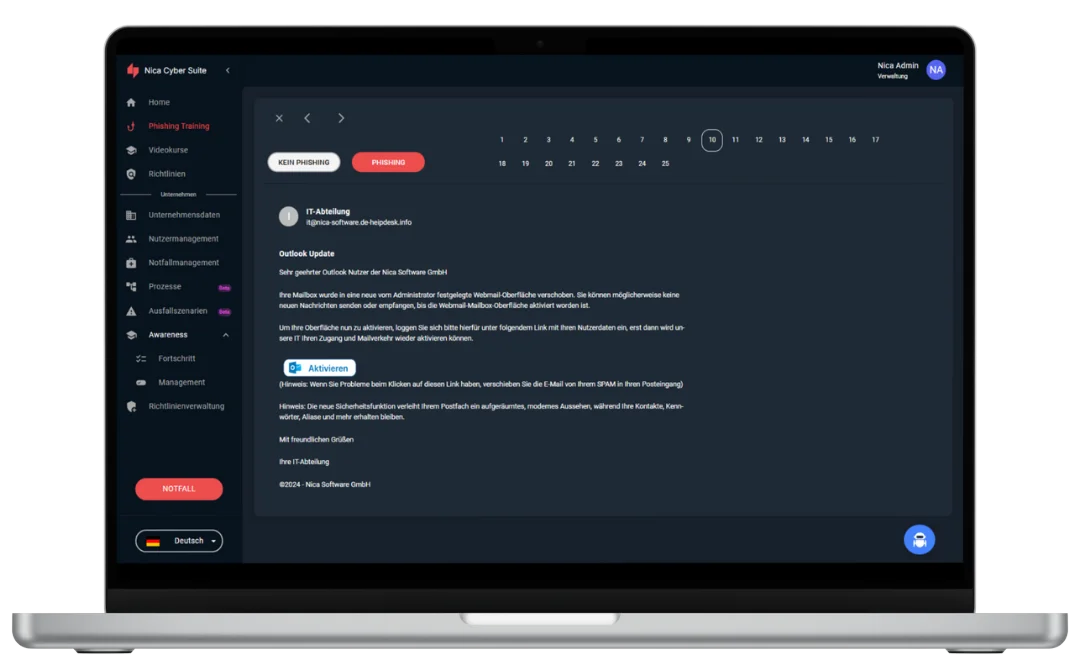 NICA Phishing-Training in der Desktop-Ansicht