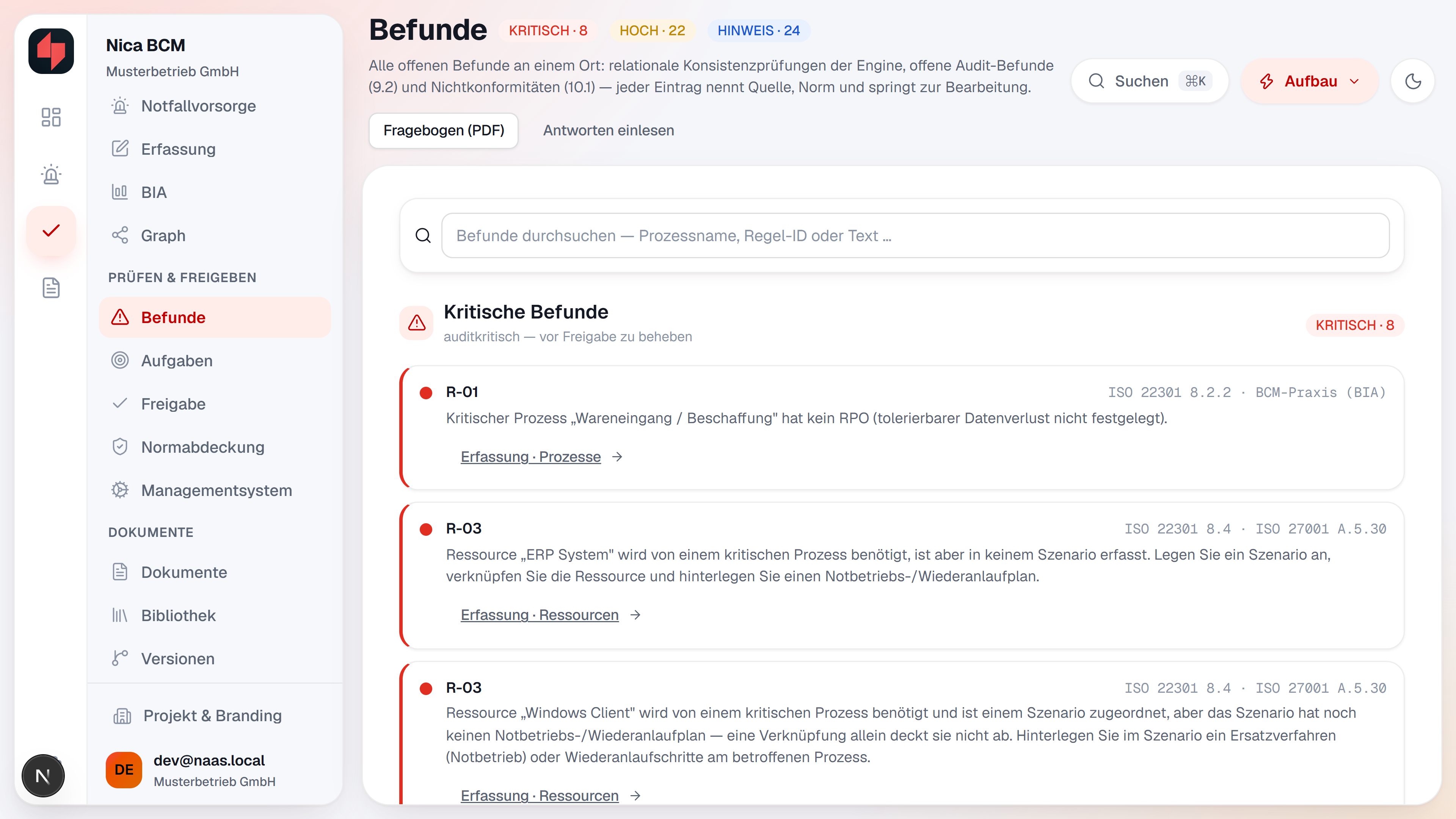 NICA BCM: Befunde mit Begründung und Normbezug, Beispieldaten