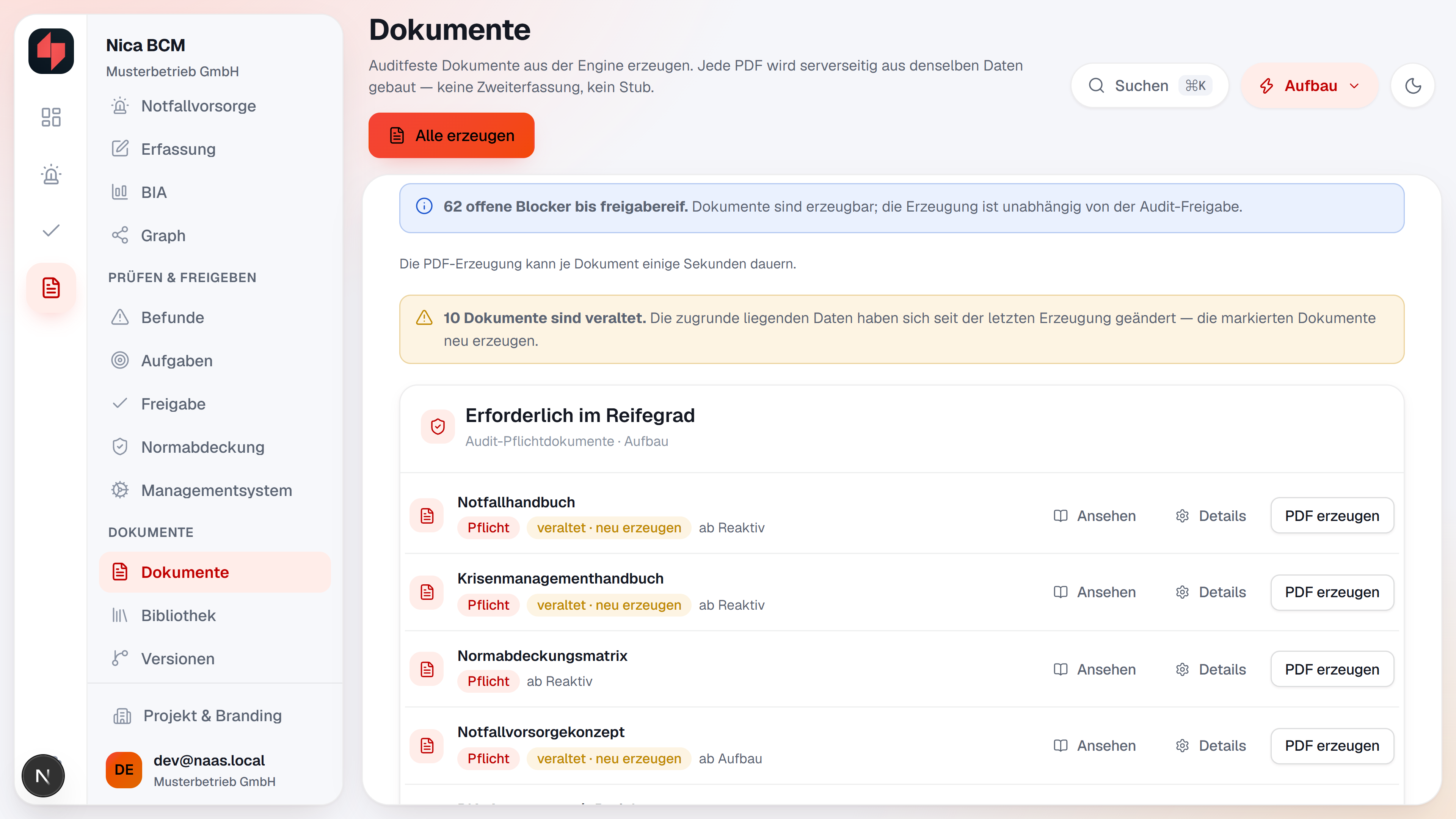 NICA BCM: Dokumentenübersicht, Beispieldaten