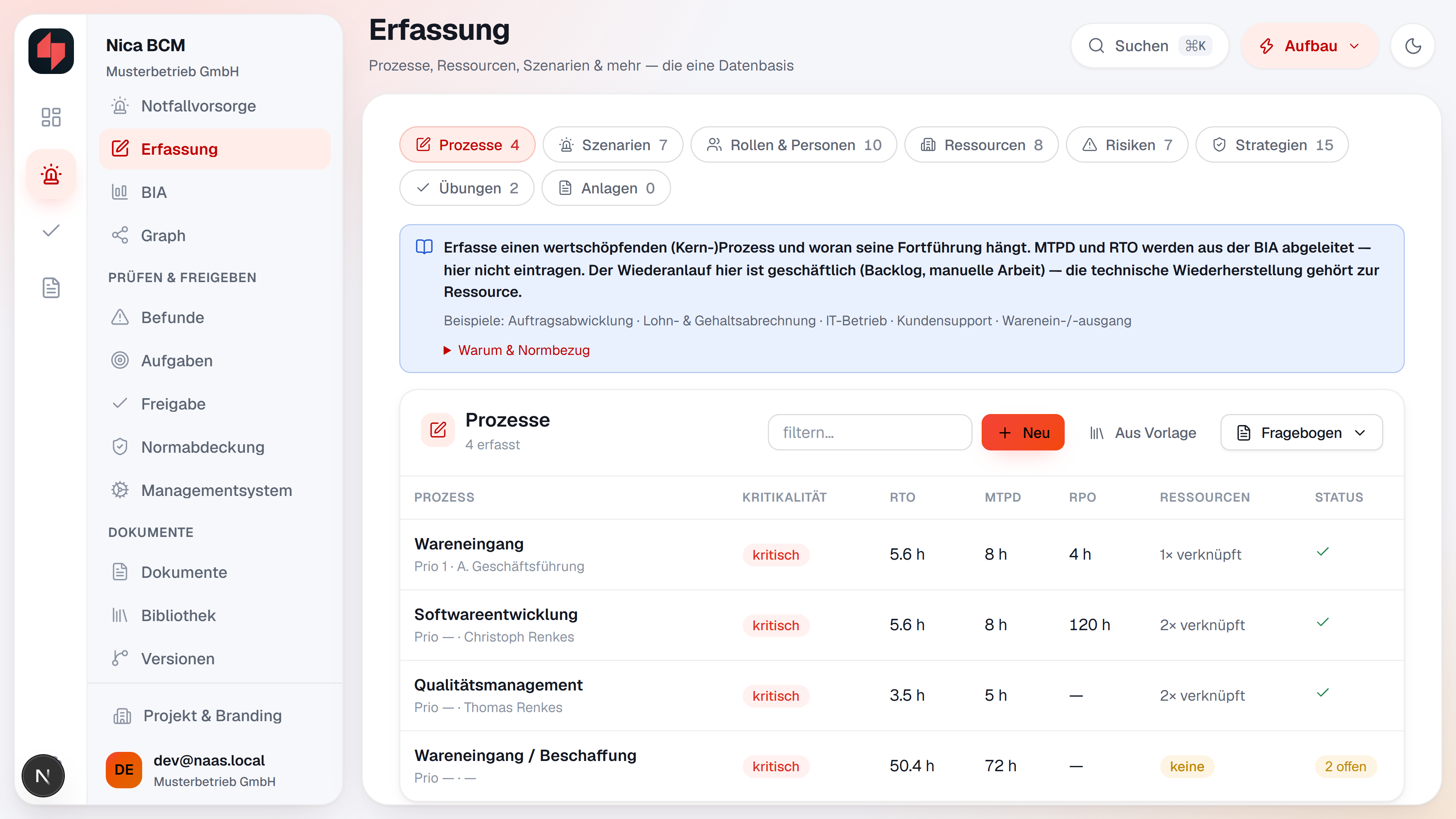 NICA BCM: Erfassung von Prozessen und Ressourcen, Beispieldaten