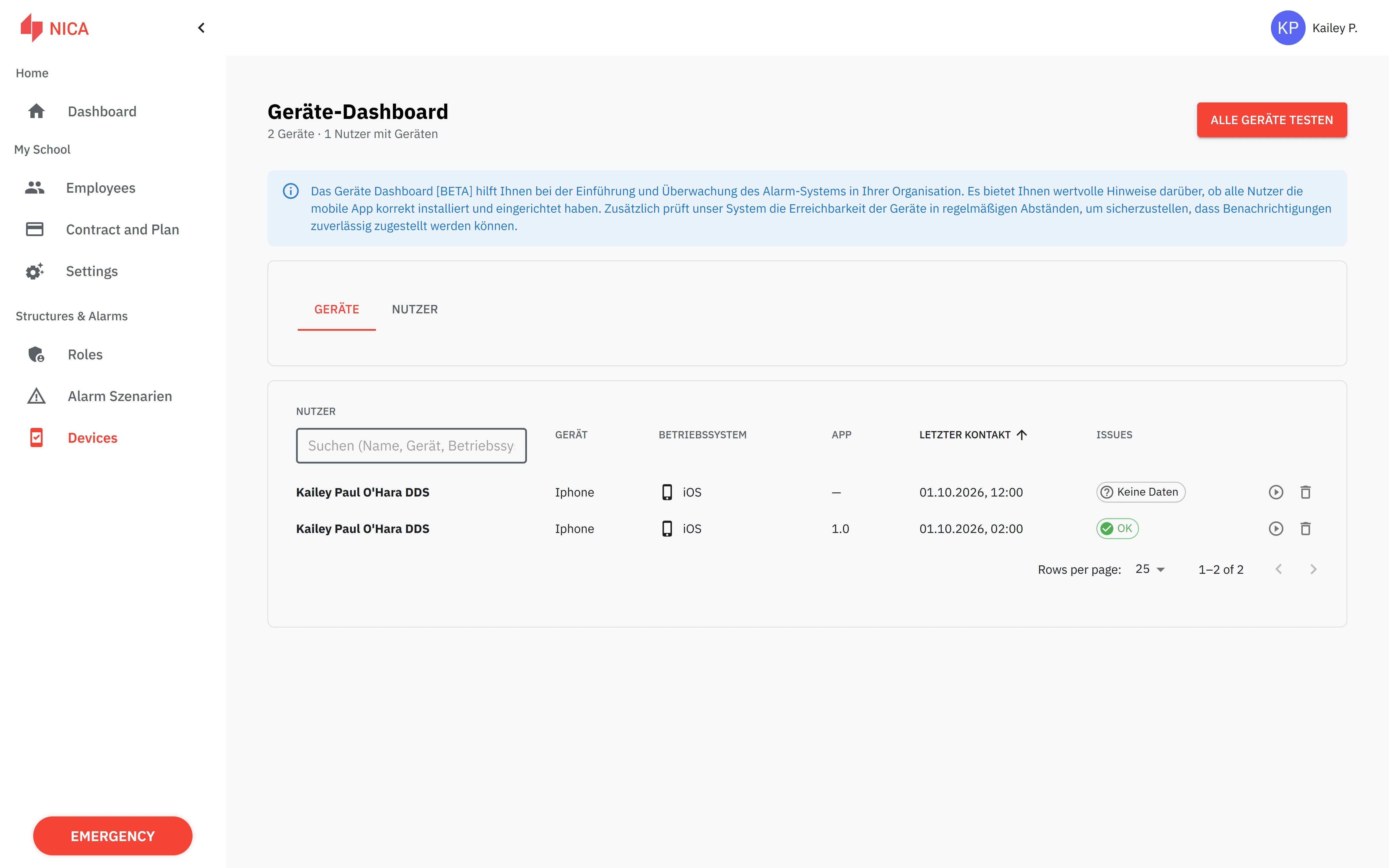 NICA Web App: device management and reachability overview, shown in German.